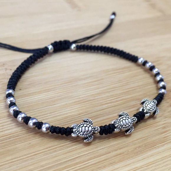 Braided Silver Turtle Black String Adjustable Bracelet - Picture 2 of 3